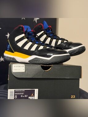 Jordan Max Aura Men's Basketball Sneakers in Black, White, Blue & Yellow